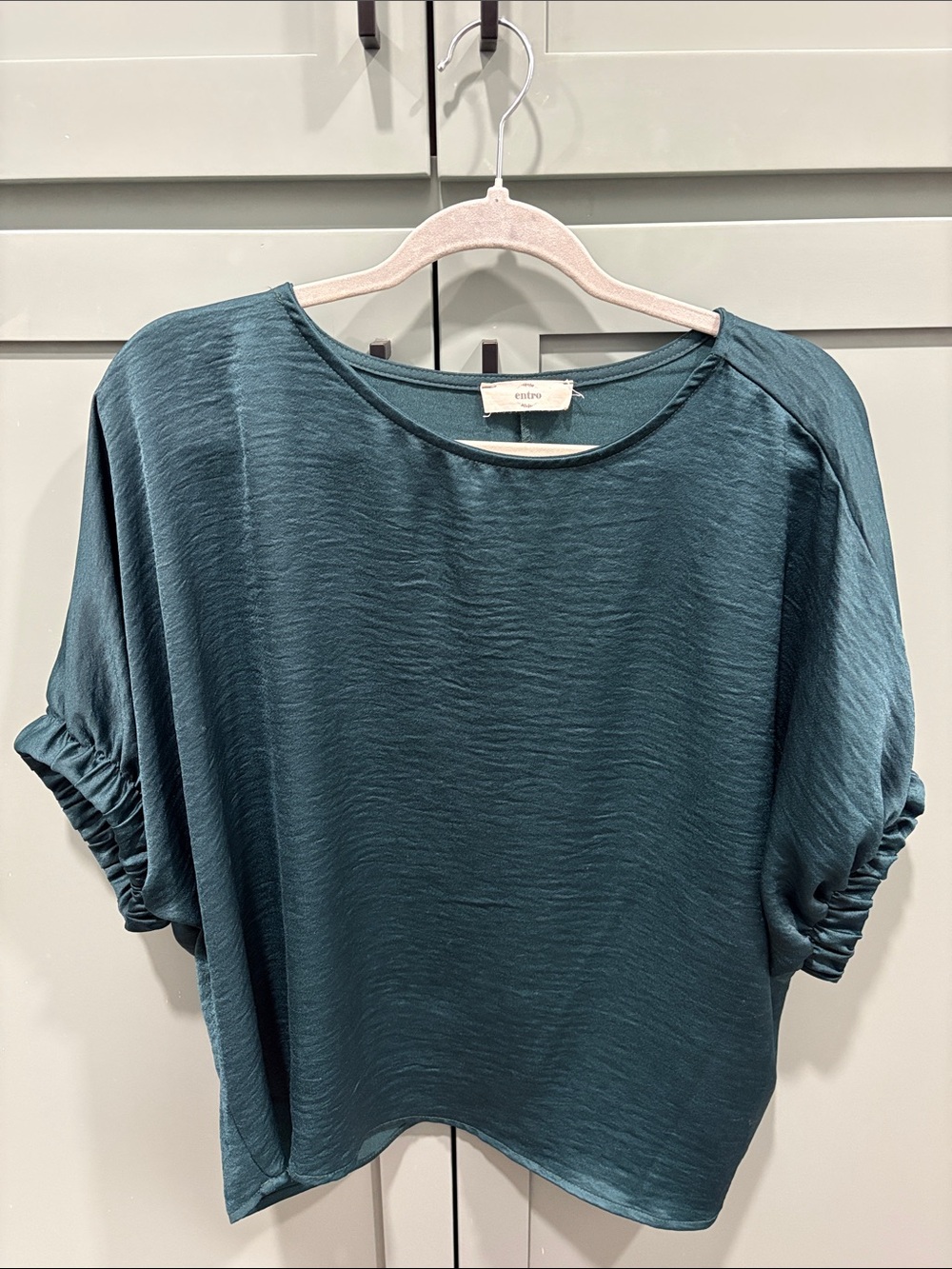 entro Teal Ruched Short-Sleeve Satin-Texture Tunic